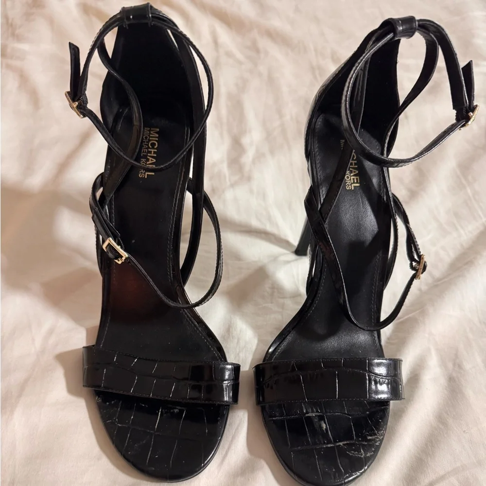 Michael Kors Cardi Croc Black Strappy Heels with Gold Buckles
